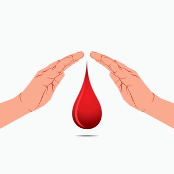 donate blood concept, blood drop under hand vector