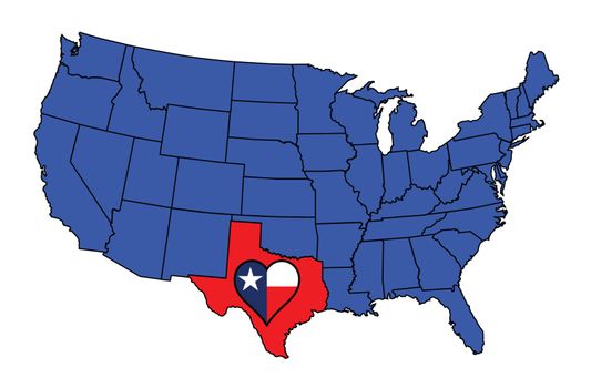 An outline map of The United States of America with Texas gighlited with heart and flag