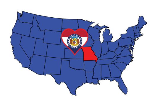 Missouri state outline and icon inset set into a map of The United States of America
