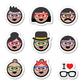Vector labels set of people in glasses of different ages