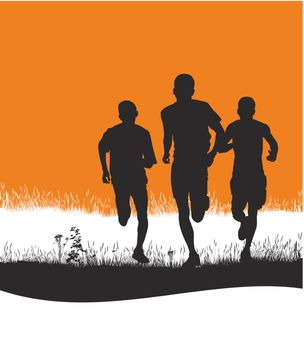 Black and white llustration three runners in the countryside on an orange background