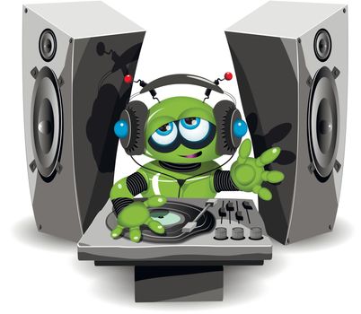 Illustration of a cheerful green robot DJ