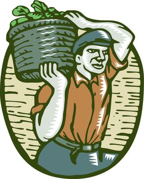 Illustration of an organic farmer carrying basket of harvest crop of vegetables on shoulder done in retro woodcut linocut style. 