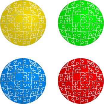 Jigsaw puzzle set form of spheres four colors. Vector illustration.