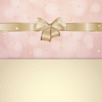 invitation card with gold ribbon and bow with pink and beige background with falling confetti