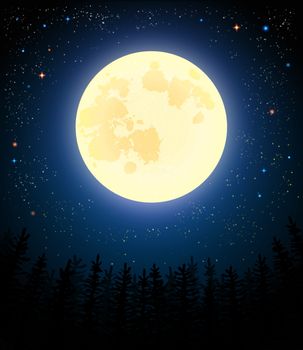 Full moon shines on a pine forest. Retro vector illustration. 