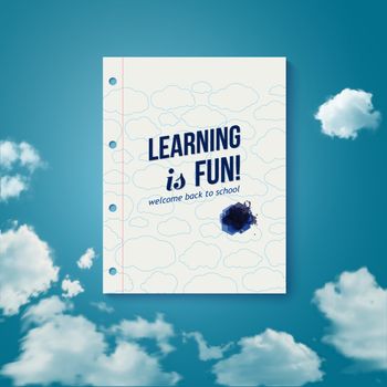 Learning is fun. Motivating poster. Note paper with lettering on a sky background. Vector image. 