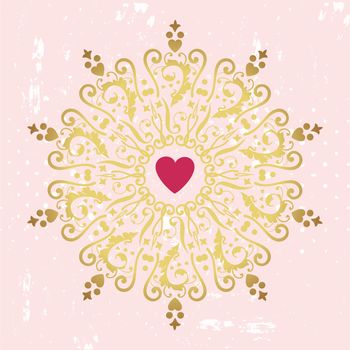 Circle golden ornament with heart. Vector image.  