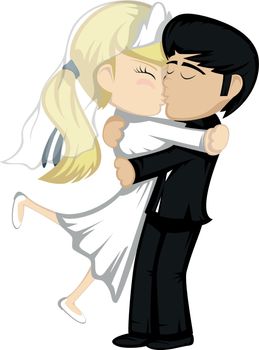 Lovely newlywed couple is embracing and kissing (a blonde bride and a black haired groom).