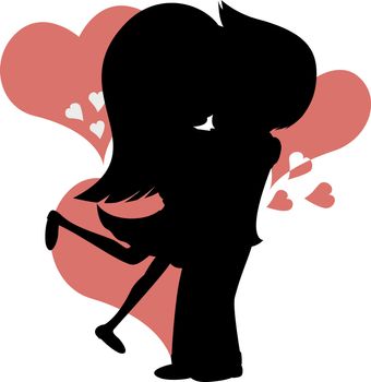 Lovely couple is embracing and kissing in front of red hearts (silhouette).
