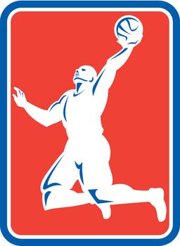Illustration of a basketball player rebounding lay-up ball set inside rectangle on isolated background done in retro style.