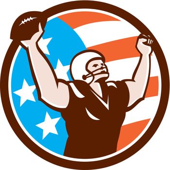 Illustration of an american football with helmet holding ball over head celebrating touchdown viewed from the front set inside circle on isolated background done in retro style. 