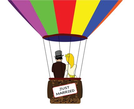 A typical multi coloured hot air balloon floating away with a bride and groom in the basket, all over a white background.