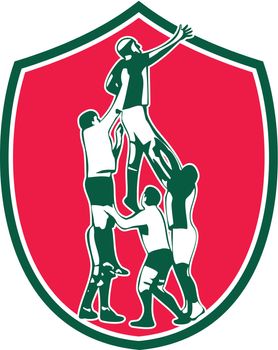 Illustration of rugby union player catching lineout ball set inside shield with done in retro style.