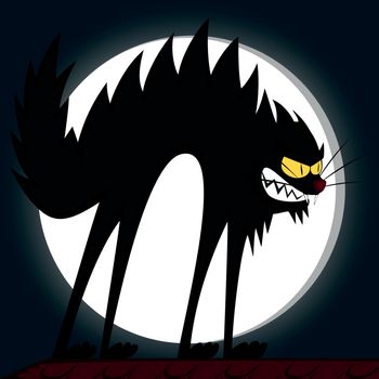 an angry black tomcat's fury in front of a full moon