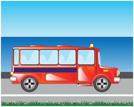 The Red bus goes beside seeshore.Vector illustration