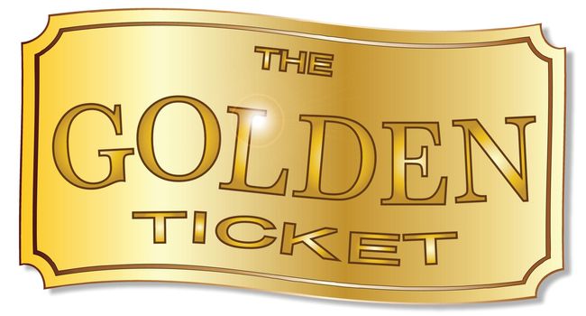 A golden winner ticket over a white background