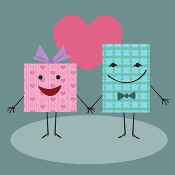 Gift packaging holding hands and smiling in the background of hearts. Gift mood, discounts in the shop