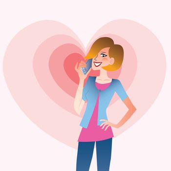 Young smiling woman talking on the phone that emits waves in the shape of a heart. Valentines day