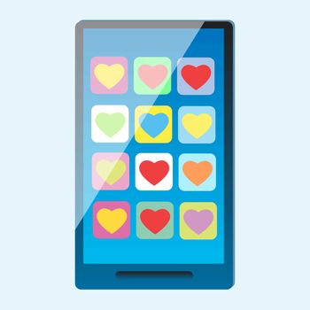 Modern phone smartphone with multi-colored hearts on Valentines Day screen