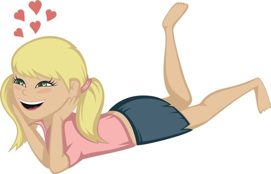 A cute blonde girl is daydreaming on the floor (fallen in love).