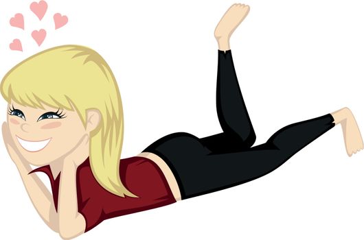 A cute blonde girl is daydreaming on the floor in leggings (fallen in love).