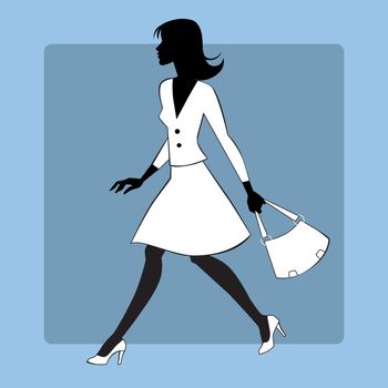 The image of a modern young woman who is in a hurry. Girl in dress with handbag
