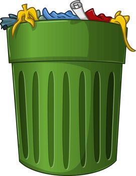 A vector illustration of a big green trash can with trash inside.

