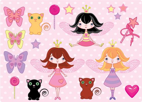Set of cute fairy princess girls, cats and objects