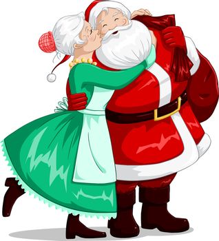 A vector illustration of mrs Claus kisses Santa on cheek and hugs him for christmas.
