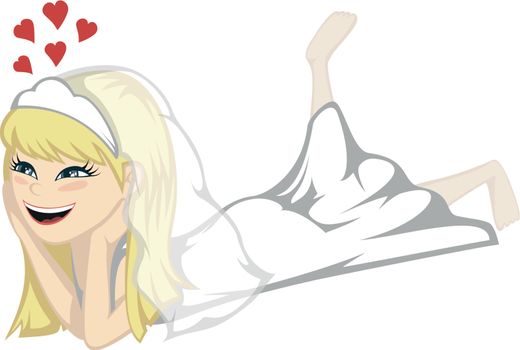 A blonde bride is daydreaming on the floor.