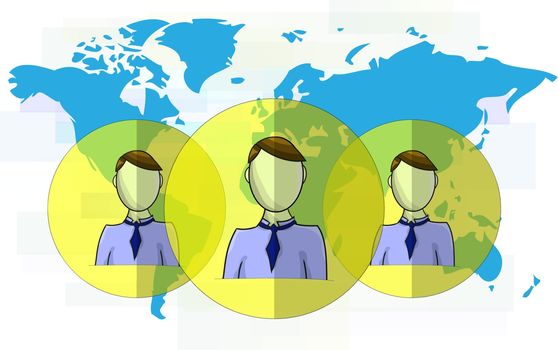 Illustration of social media heads with world map