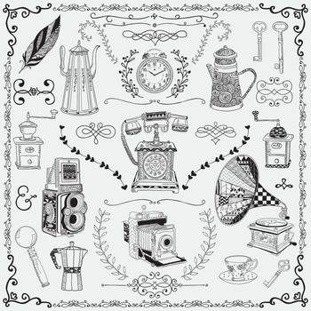 Vintage Hand-Drawn Doodle Icons and Design Elements. Vector Illustration. Fully Editable