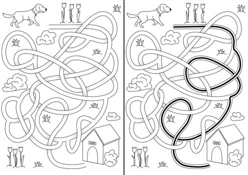 Dog maze for kids with a solution in black and white