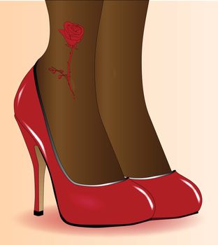 A pair of ladies legs with a red rose tattoo in steletto heal shoes