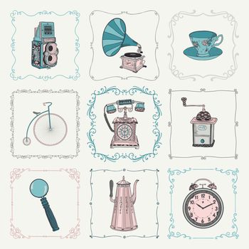 Colorful Old Style Hand-Drawn Doodle Icons and Vintage Frames. Vector Illustration. Fully Editable. Objects