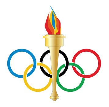 Olympic style rings with an olympic style torch with flame over a white background