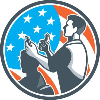 Illustration of a barber holding scissors and comb cutting hair facing side set inside circle done with usa american flag in the background done in retro style. 