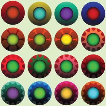Set of 16 colour and decoration variated buttons