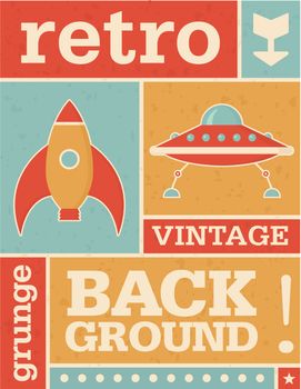 Background image with vintage colored grid pattern and grunge texture. Includes space age illustrations and icons.