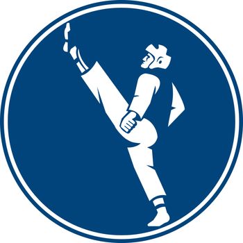 Icon illustration of a man in taekwondo fighter kicking stance viewed from side set inside circle on isolated background done in retro style.