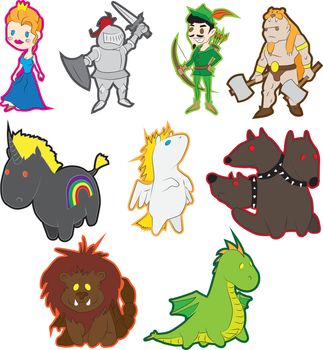 Set of vector fantasy characters in a cartoon style. Includes princess, knight, archer, barbarian, and the unicorn, pegasus, cerberus, manticore and dragon.