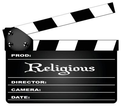 A typical movie clapperboard with the legend Religious isolated on white.