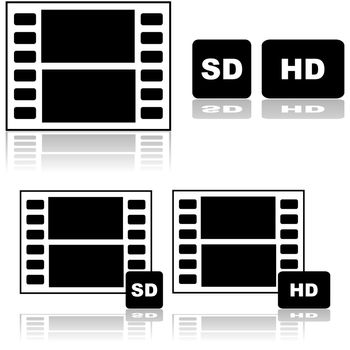 Icon set showing a film strip with SD and HD identifiers, for standard and high definition resolution