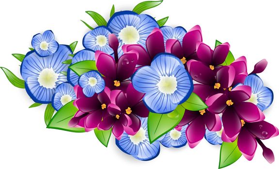 Illustration of Spring Wet Lilac and Forget-me-not Flower Branch