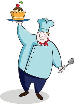 Vector illustration of fat chef with a delicious cake