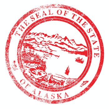 Seal of Alaska as a red ink stamp over a white background