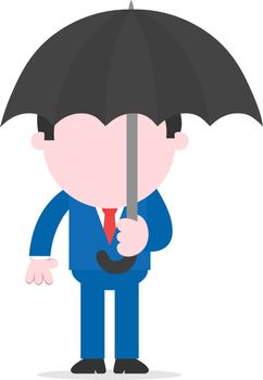 Vector cartoon businessman hand on side standing holding black umbrella