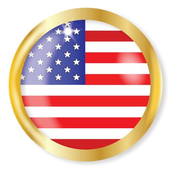 A USA button of the Stars and Stripes with a gold metal circular border over a white background