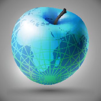 blue apple, presented in the form of a globe onthe gray background